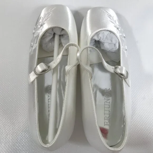 Girls Satin Shoes White 1.5 Communion Bridal Shoes Floral Rhinestone Ankle Strap - Picture 8 of 13